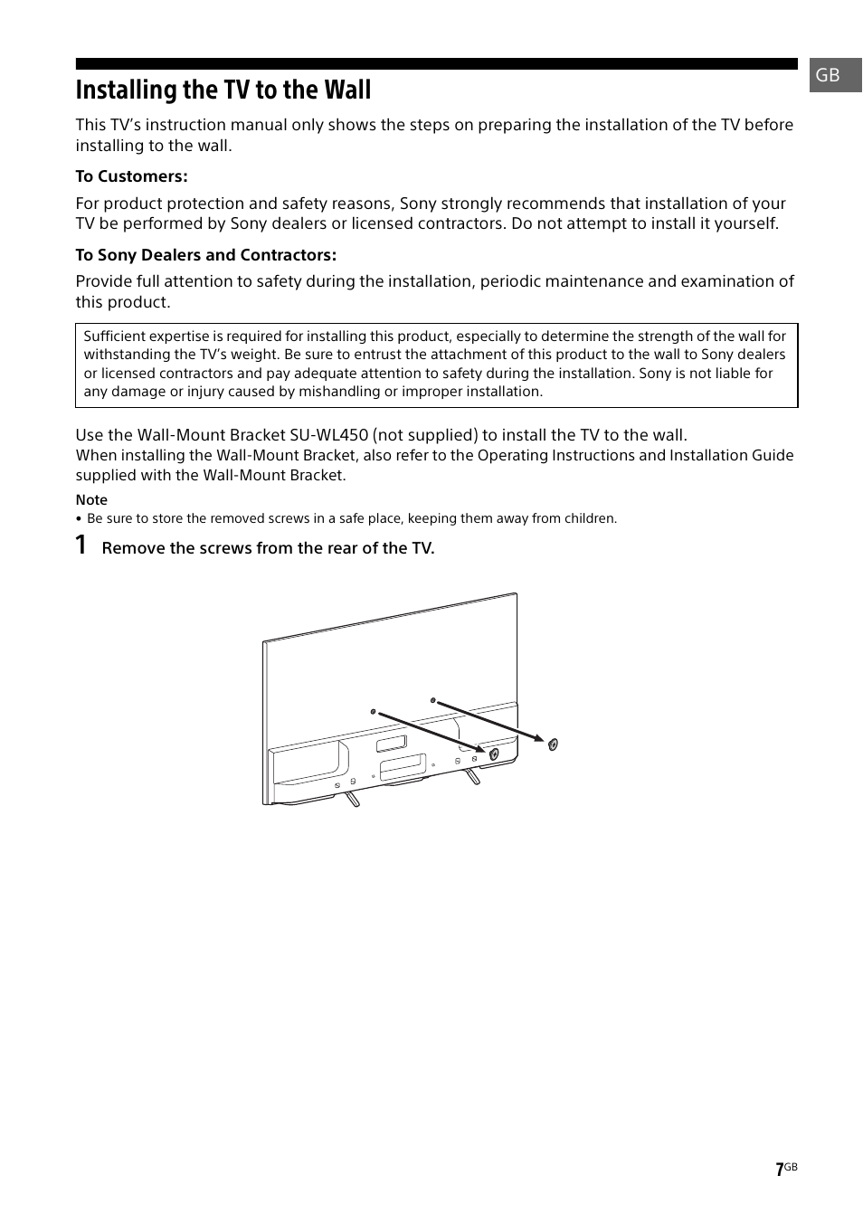 Installing the tv to the wall | Sony KDL-55W829B User Manual | Page 7 / 256
