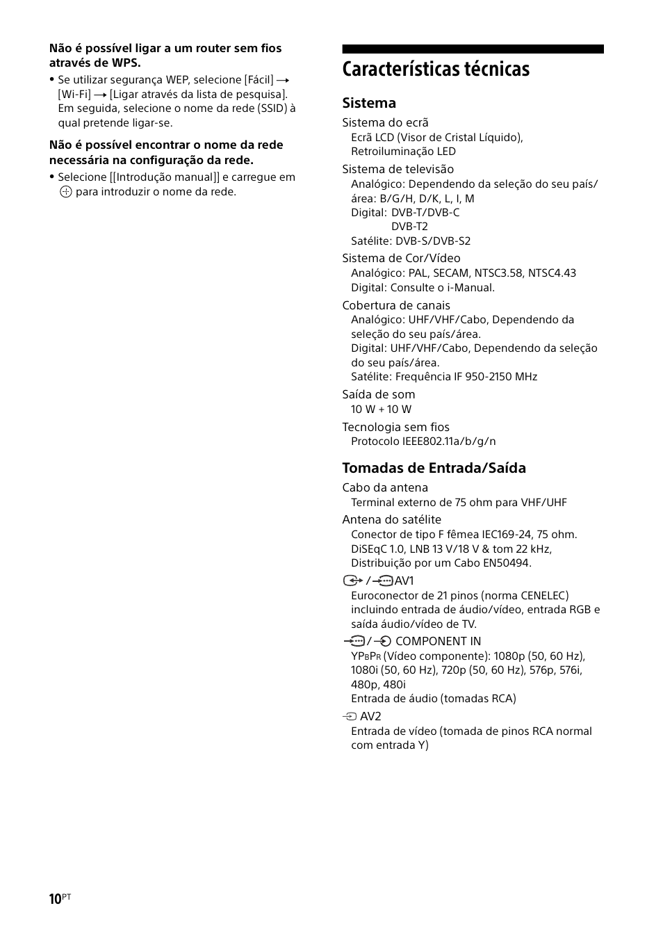 Características técnicas, Sistema, Tomadas de entrada/saída | Sony KDL-55W829B User Manual | Page 70 / 256