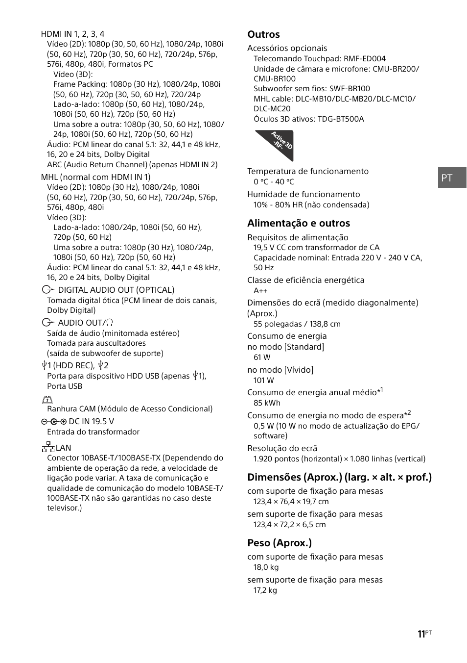 Pt 11, Outros, Alimentação e outros | Dimensões (aprox.) (larg. × alt. × prof.), Peso (aprox.) | Sony KDL-55W829B User Manual | Page 71 / 256