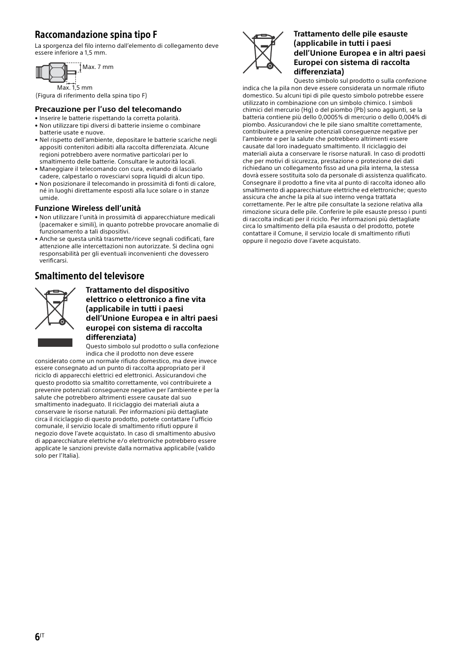 Raccomandazione spina tipo f, Smaltimento del televisore | Sony KDL-55W829B User Manual | Page 78 / 256