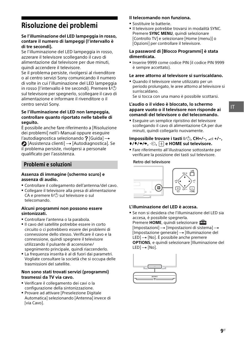 Risoluzione dei problemi, Problemi e soluzioni | Sony KDL-55W829B User Manual | Page 81 / 256