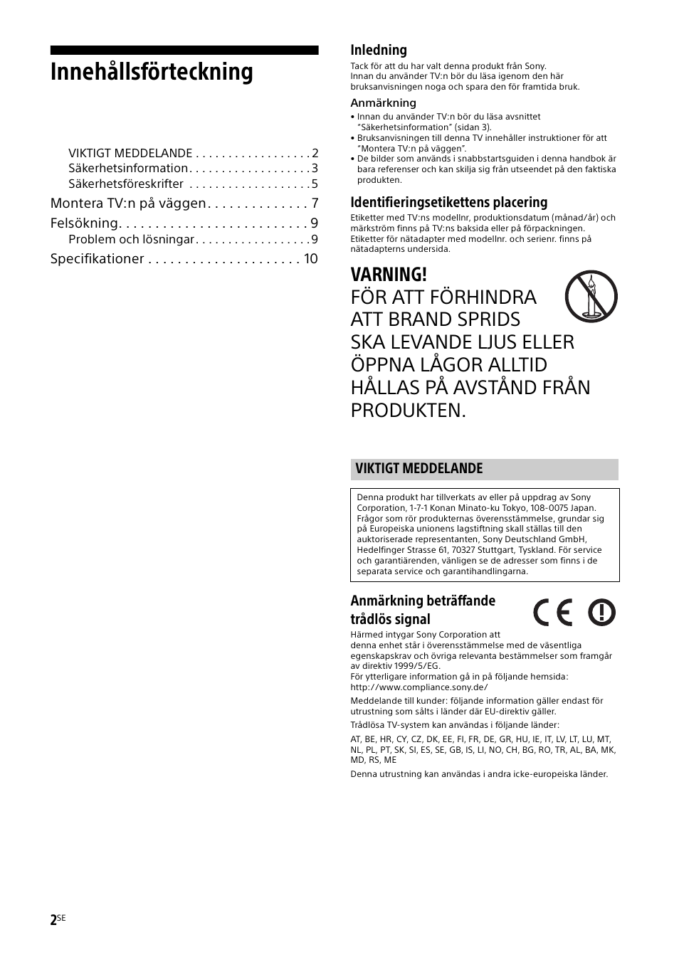 Viktigt meddelande, Innehållsförteckning, Inledning | Identifieringsetikettens placering, Anmärkning beträffande trådlös signal | Sony KDL-55W829B User Manual | Page 88 / 256