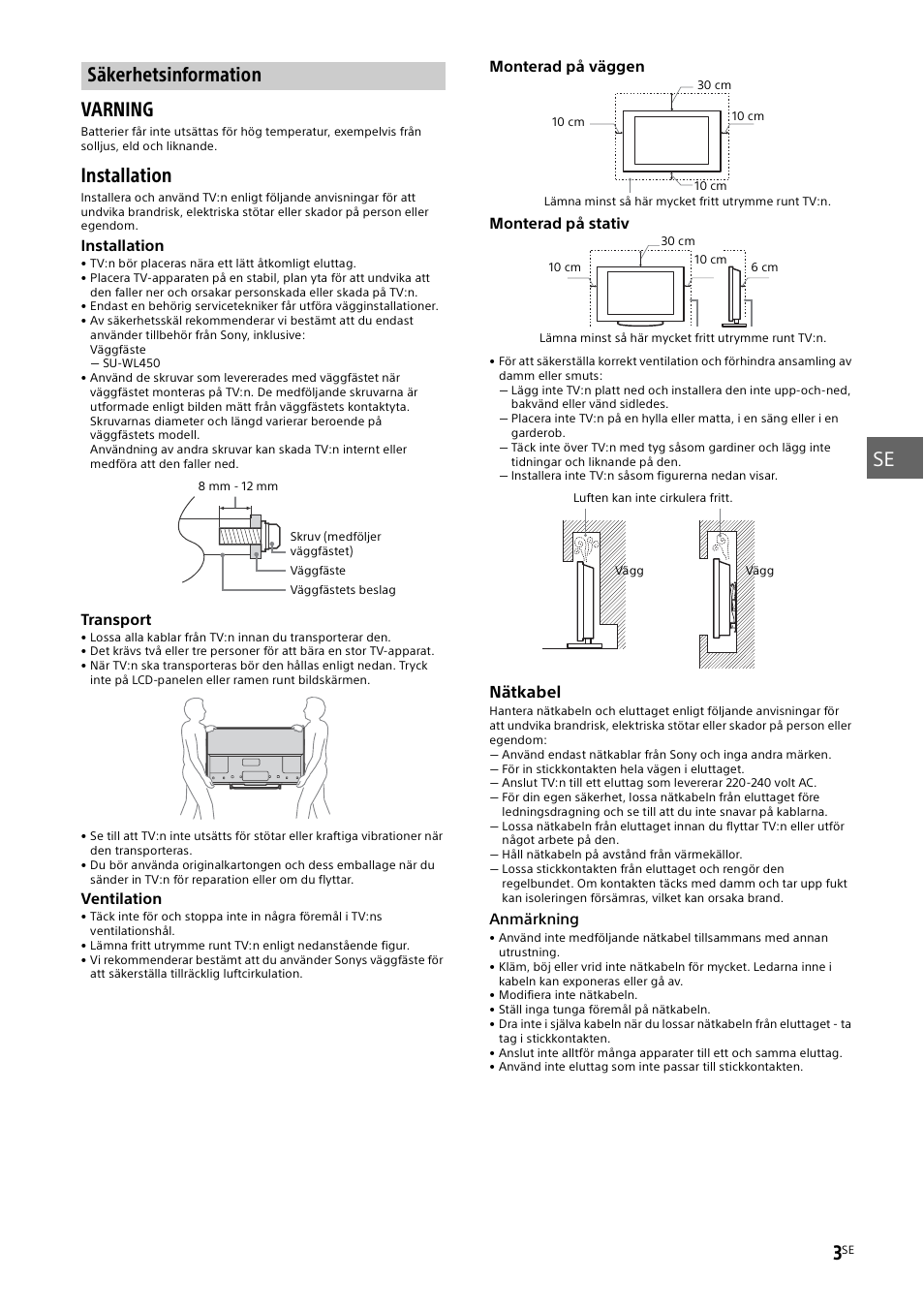 Säkerhetsinformation, Säkerhetsinformation” (sidan 3), Installation | Sony KDL-55W829B User Manual | Page 89 / 256