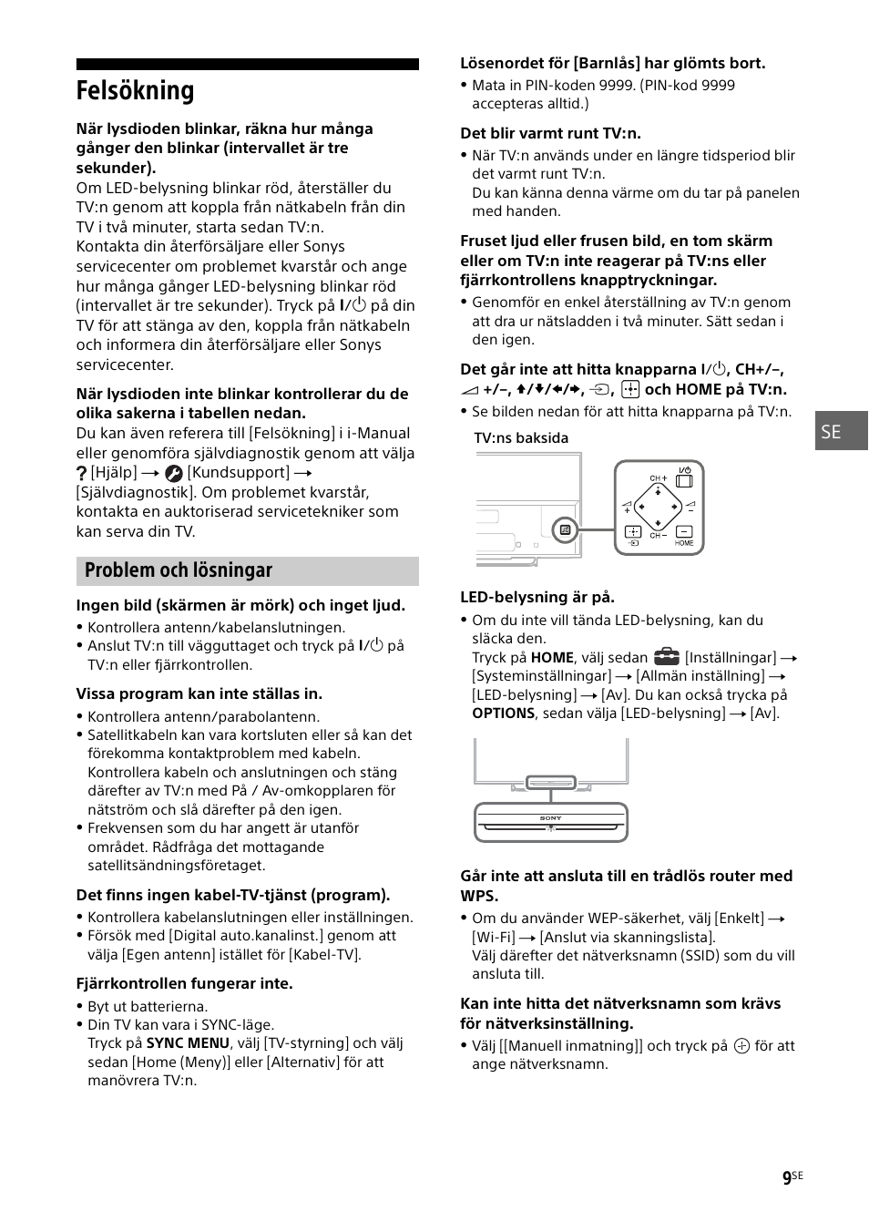 Felsökning, Problem och lösningar | Sony KDL-55W829B User Manual | Page 95 / 256