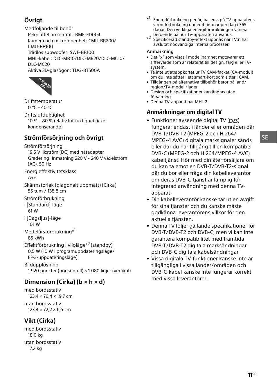 Anmärkningar om digital tv | Sony KDL-55W829B User Manual | Page 97 / 256
