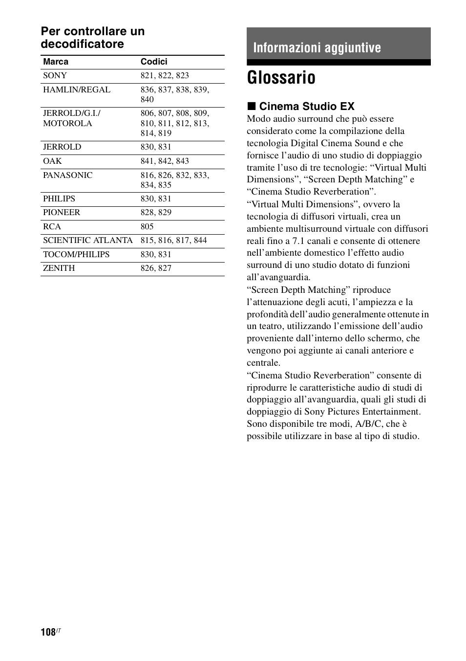 Informazioni aggiuntive, Glossario, Per controllare un decodificatore | X cinema studio ex | Sony STR-DH800 User Manual | Page 108 / 252