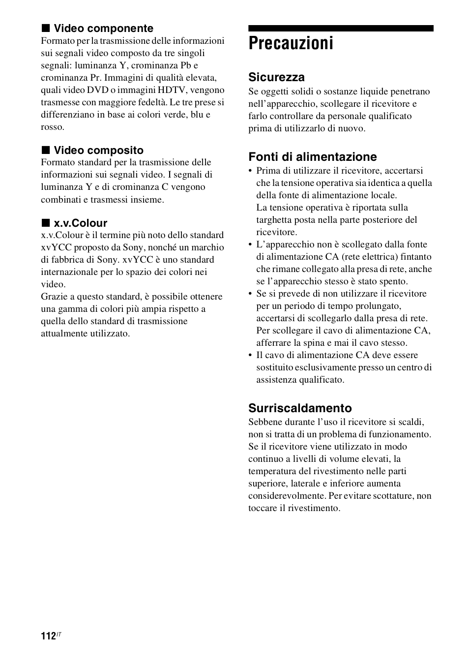 Precauzioni | Sony STR-DH800 User Manual | Page 112 / 252