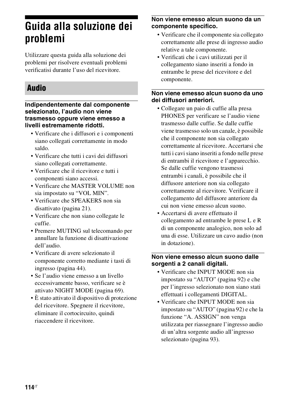 Guida alla soluzione dei problemi, Audio | Sony STR-DH800 User Manual | Page 114 / 252