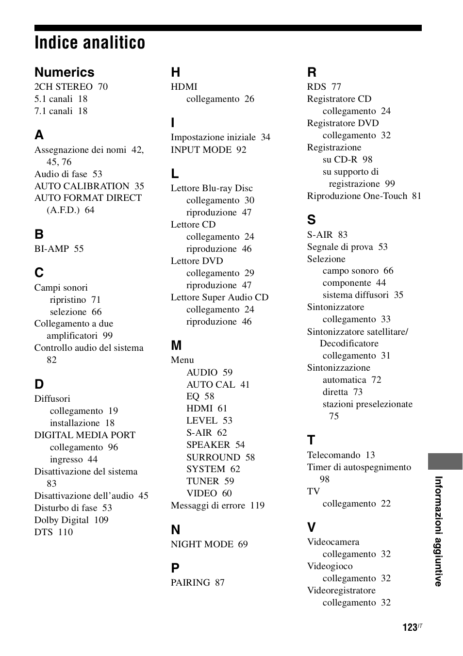 Indice analitico, Numerics | Sony STR-DH800 User Manual | Page 123 / 252