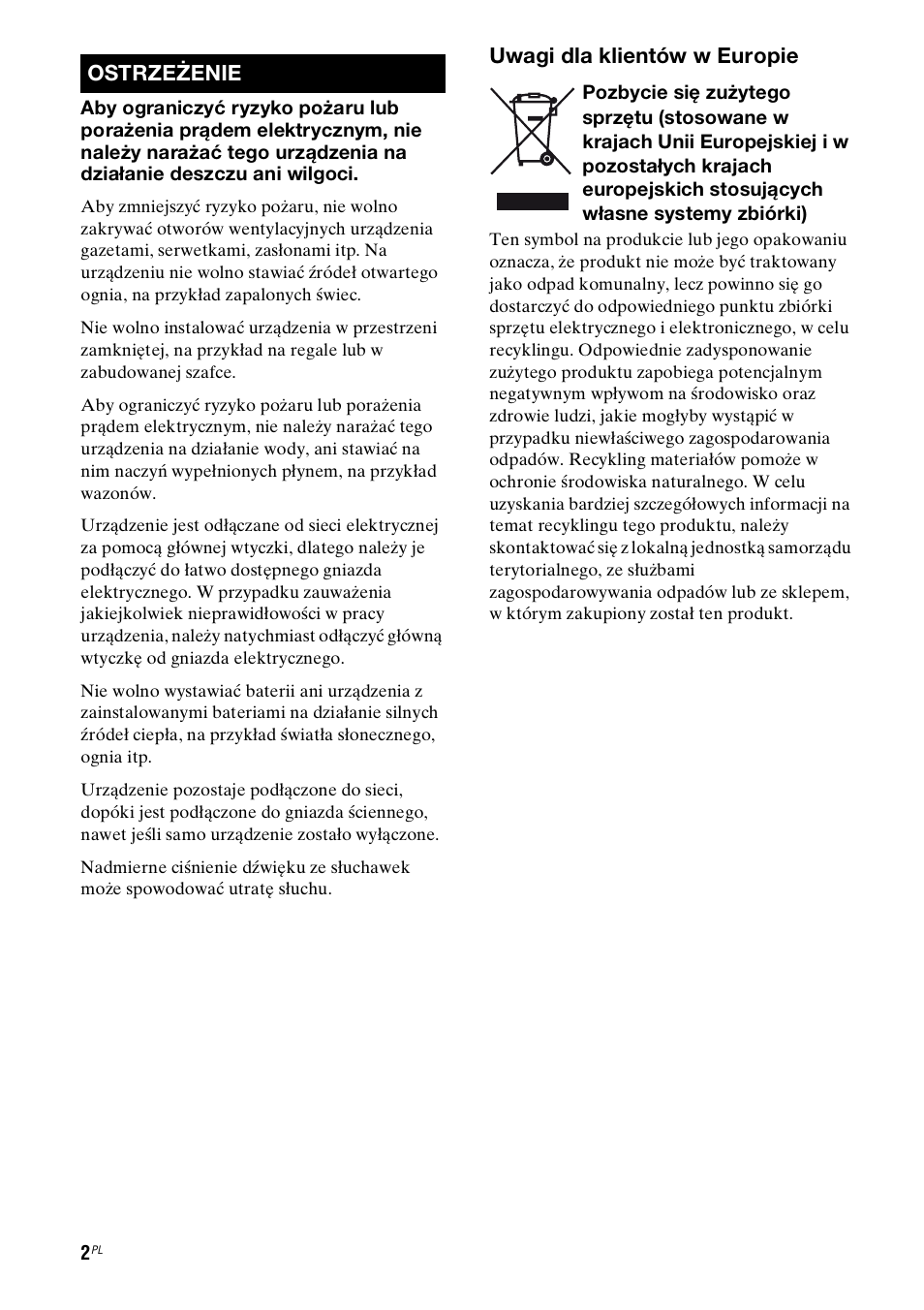 Uwagi dla klientów w europie, Ostrzeżenie | Sony STR-DH800 User Manual | Page 124 / 252