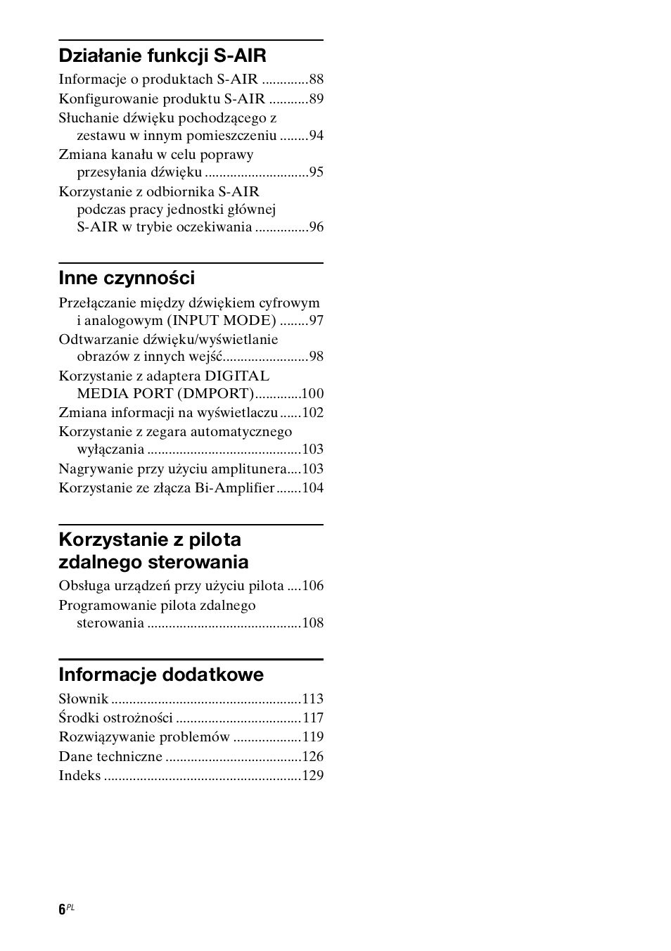 Działanie funkcji s-air, Inne czynności, Korzystanie z pilota zdalnego sterowania | Informacje dodatkowe | Sony STR-DH800 User Manual | Page 128 / 252