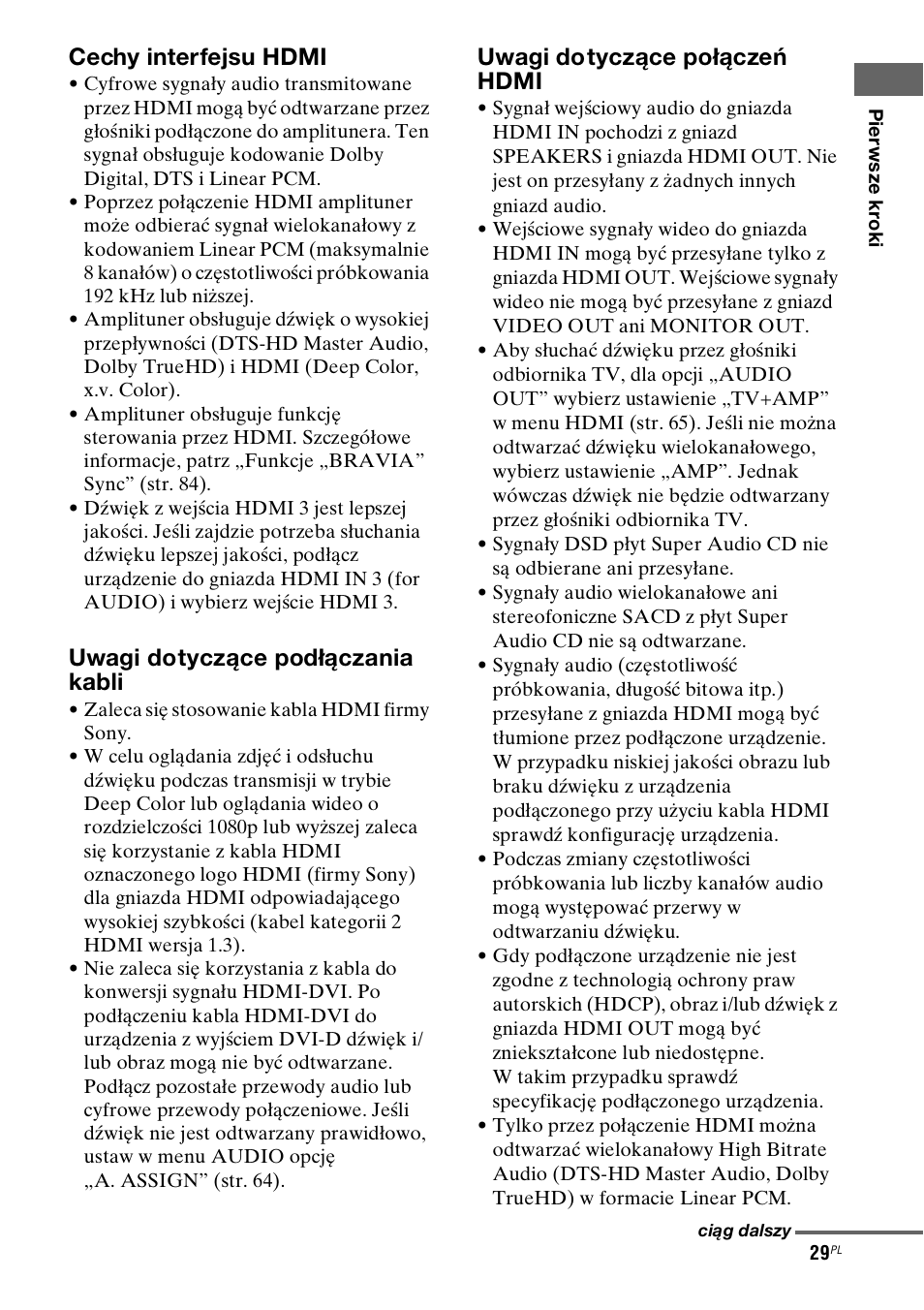 Cechy interfejsu hdmi, Uwagi dotyczące podłączania kabli, Uwagi dotyczące połączeń hdmi | Sony STR-DH800 User Manual | Page 151 / 252