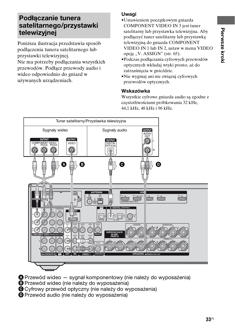 Wskazówka, Sygnały audio sygnały wideo, Tuner satelitarny/przystawka telewizyjna | Sony STR-DH800 User Manual | Page 155 / 252