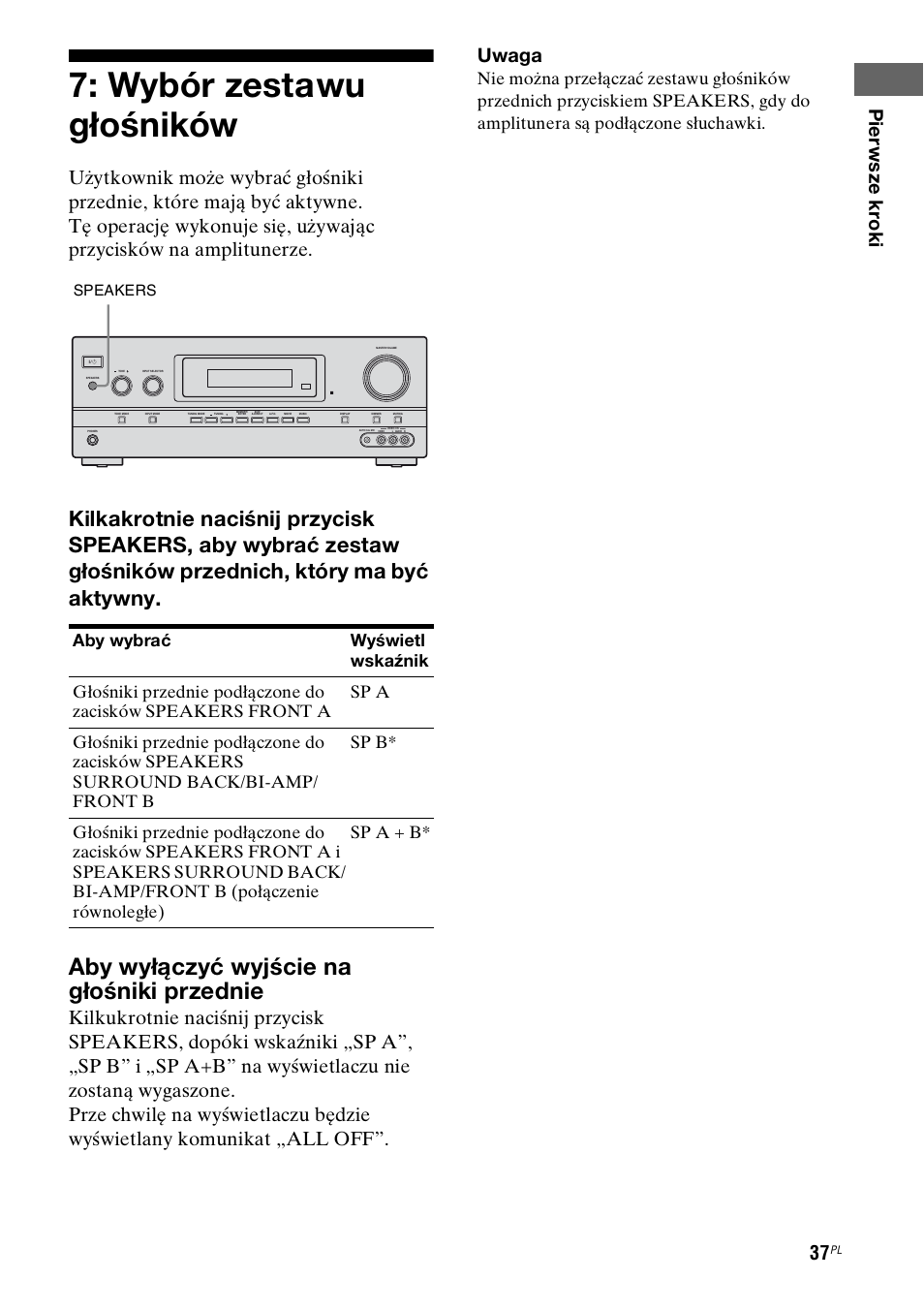 Wybór zestawu głośników, Aby wyłączyć wyjście na głośniki przednie, Speakers | Sony STR-DH800 User Manual | Page 159 / 252