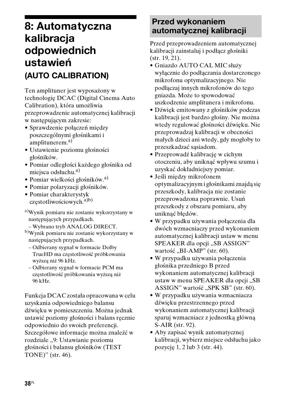Automatyczna kalibracja, Odpowiednich ustawień (auto calibration), Automatyczna kalibracja odpowiednich ustawień | Auto calibration), Przed wykonaniem automatycznej kalibracji | Sony STR-DH800 User Manual | Page 160 / 252