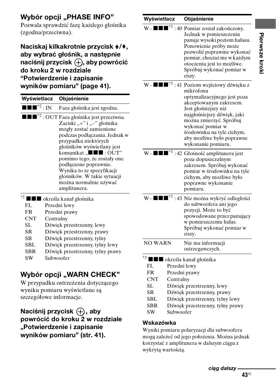 Wybór opcji „phase info, Wybór opcji „warn check | Sony STR-DH800 User Manual | Page 165 / 252