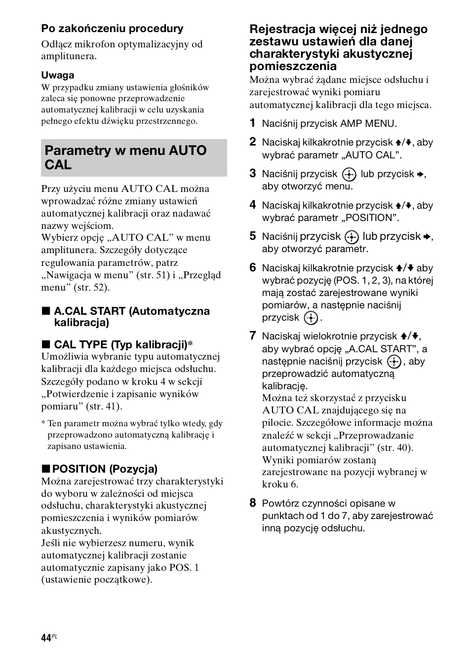 Parametry w menu auto cal | Sony STR-DH800 User Manual | Page 166 / 252
