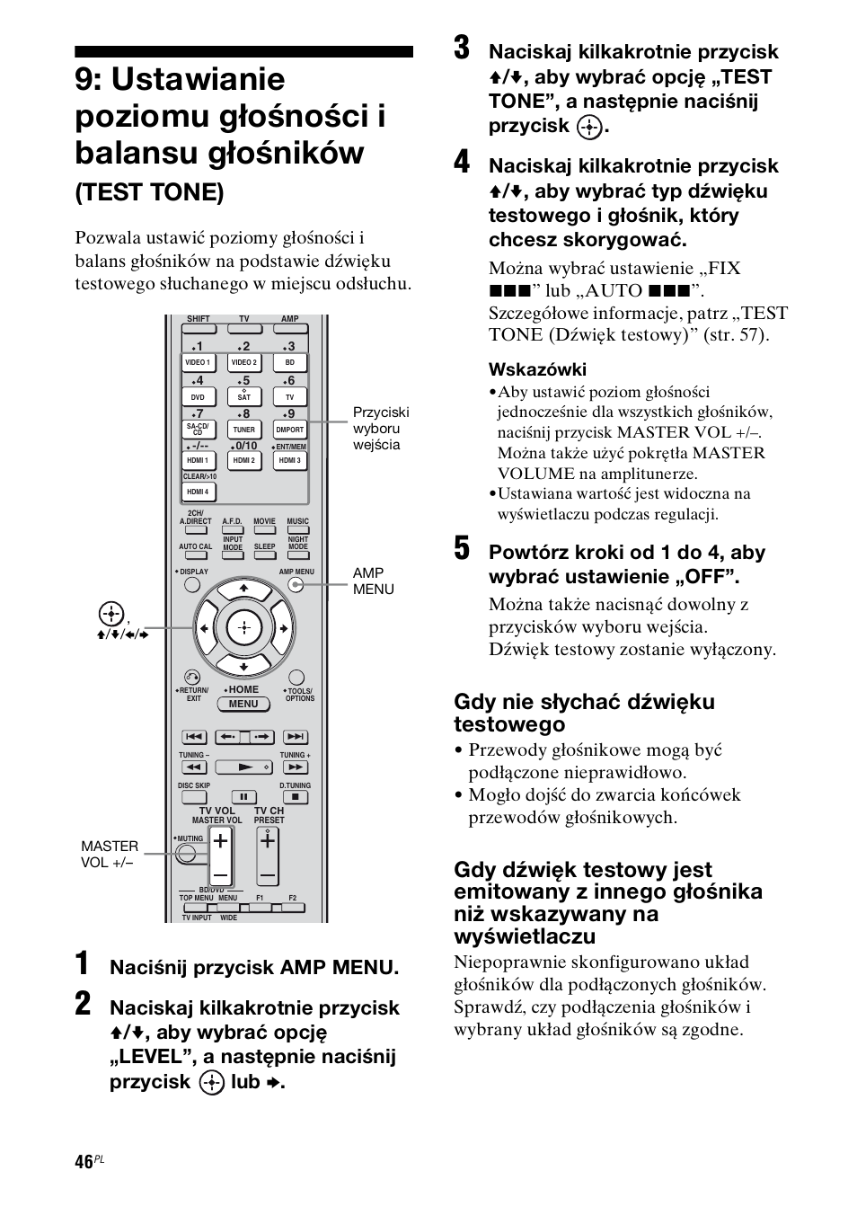 Ustawianie poziomu głośności i, Balansu głośników (test tone), Ustawianie poziomu głośności i balansu głośników | Test tone), Gdy nie słychać dźwięku testowego, Naciśnij przycisk amp menu, Można wybrać ustawienie „fix, Lub „auto | Sony STR-DH800 User Manual | Page 168 / 252