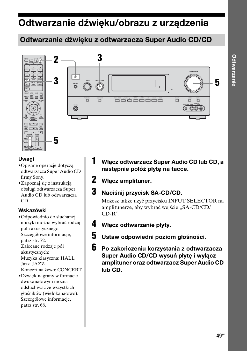 Odtwarzanie dźwięku/obrazu z urządzenia, Odtwarzanie dźwięku/obrazu z, Urządzenia | Włącz amplituner, Naciśnij przycisk sa-cd/cd, Włącz odtwarzanie płyty, Ustaw odpowiedni poziom głośności, Odt w a rz a ni e, Uwagi, Wskazówki | Sony STR-DH800 User Manual | Page 171 / 252