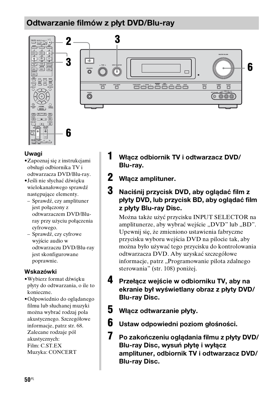 Odtwarzanie filmów z płyt dvd/blu-ray, Włącz odbiornik tv i odtwarzacz dvd/ blu-ray, Włącz amplituner | Włącz odtwarzanie płyty, Ustaw odpowiedni poziom głośności, Uwagi, Wskazówki | Sony STR-DH800 User Manual | Page 172 / 252