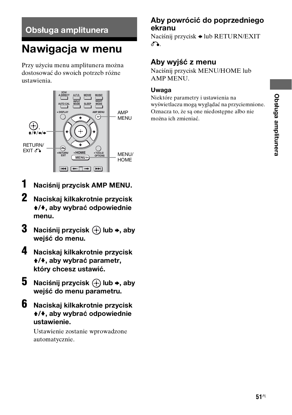 Obsługa amplitunera, Nawigacja w menu, Aby powrócić do poprzedniego ekranu | Aby wyjść z menu, Naciśnij przycisk amp menu, Naciśnij przycisk lub b , aby wejść do menu | Sony STR-DH800 User Manual | Page 173 / 252