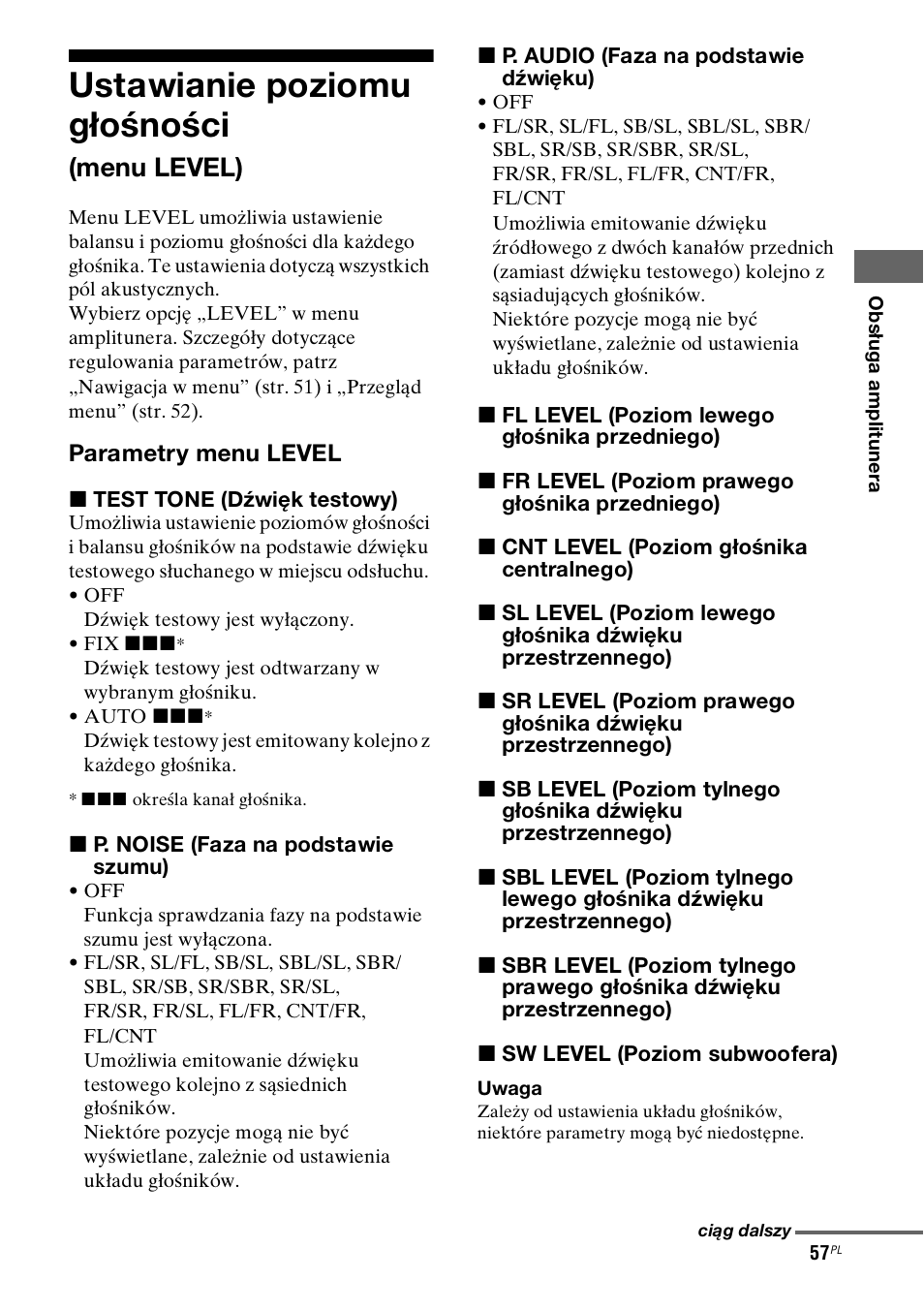 Ustawianie poziomu głośności (menu level), Ustawianie poziomu głośności, Menu level) | Sony STR-DH800 User Manual | Page 179 / 252