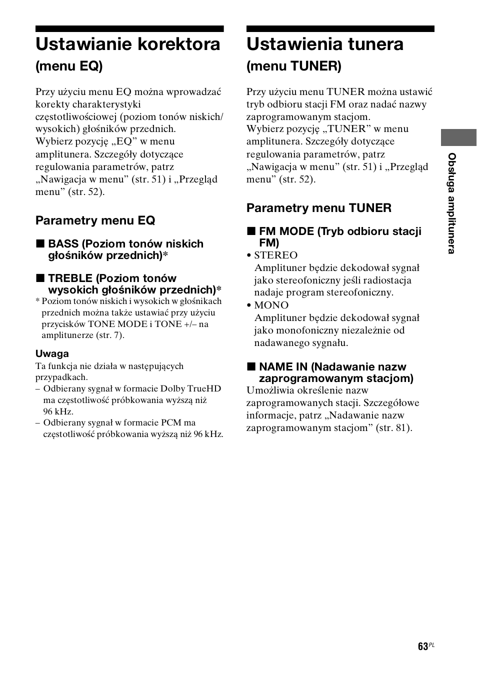 Ustawianie korektora (menu eq), Ustawienia tunera (menu tuner), Ustawianie korektora | Ustawienia tunera, Menu eq), Menu tuner) | Sony STR-DH800 User Manual | Page 185 / 252
