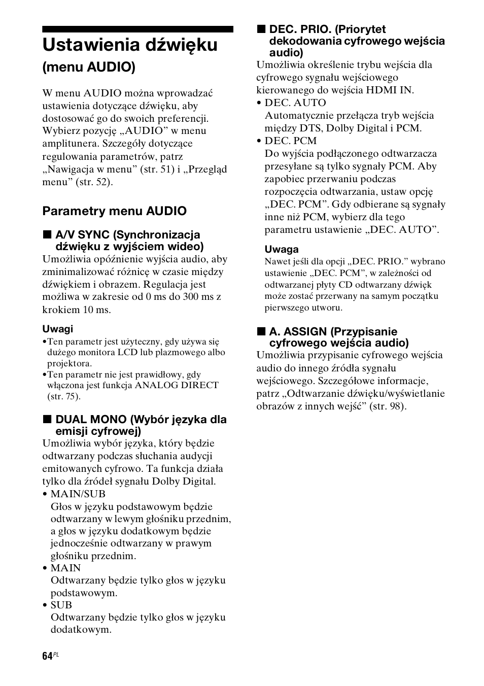 Ustawienia dźwięku (menu audio), Ustawienia dźwięku, Menu audio) | Parametry menu audio | Sony STR-DH800 User Manual | Page 186 / 252