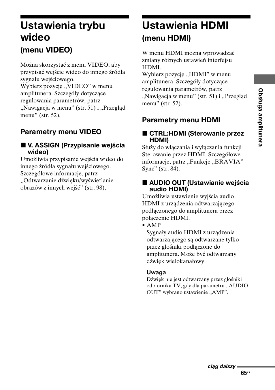 Ustawienia trybu wideo (menu video), Ustawienia hdmi (menu hdmi), Ustawienia trybu wideo | Menu video), Ustawienia hdmi, Menu hdmi) | Sony STR-DH800 User Manual | Page 187 / 252