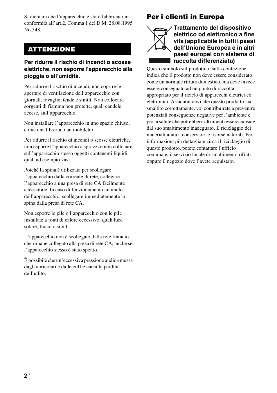 Per i clienti in europa, Attenzione | Sony STR-DH800 User Manual | Page 2 / 252
