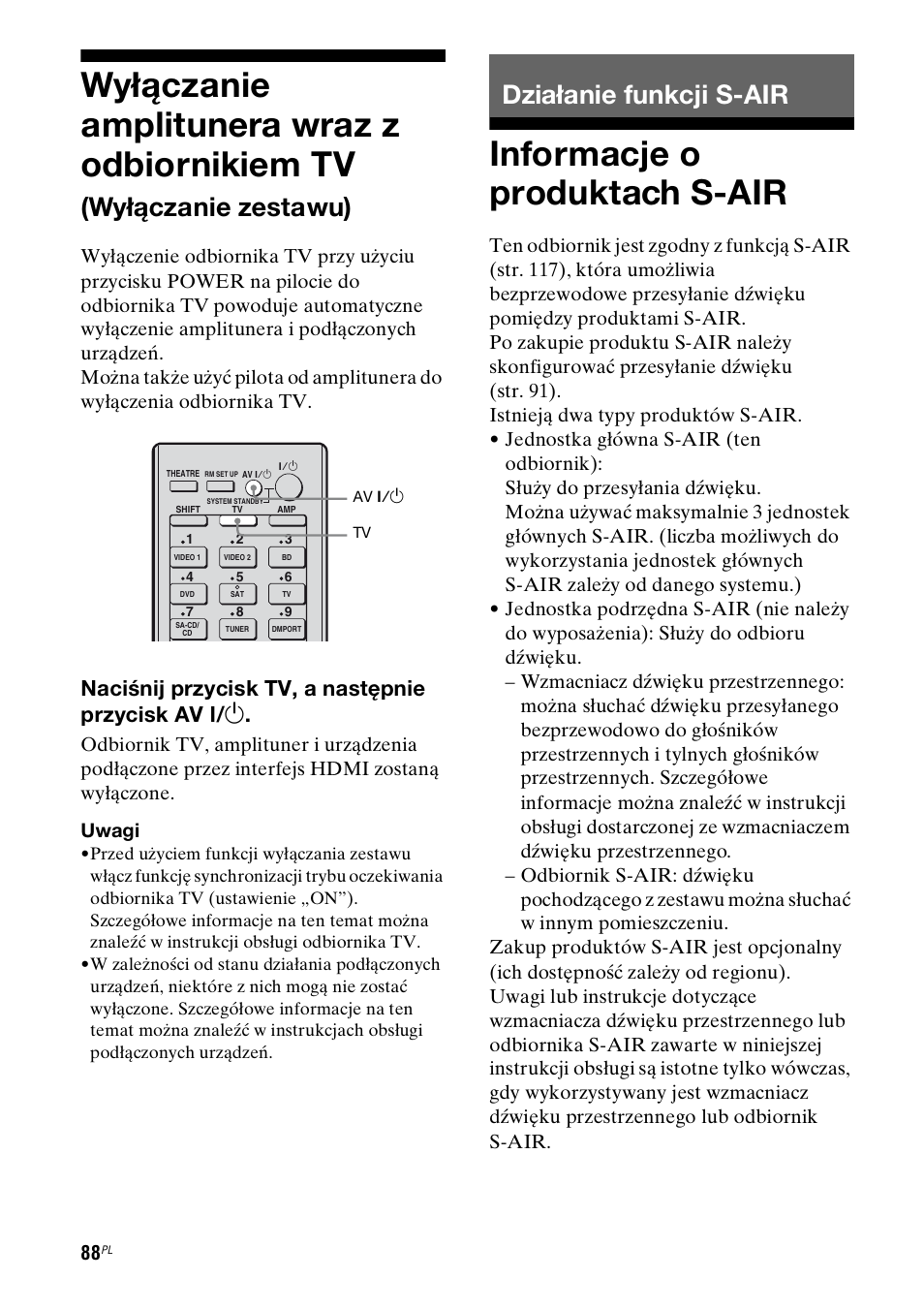 Działanie funkcji s-air, Informacje o produktach s-air, Wyłączanie amplitunera wraz z | Odbiornikiem tv (wyłączanie zestawu), Wyłączanie amplitunera wraz z odbiornikiem tv, Wyłączanie zestawu) | Sony STR-DH800 User Manual | Page 210 / 252