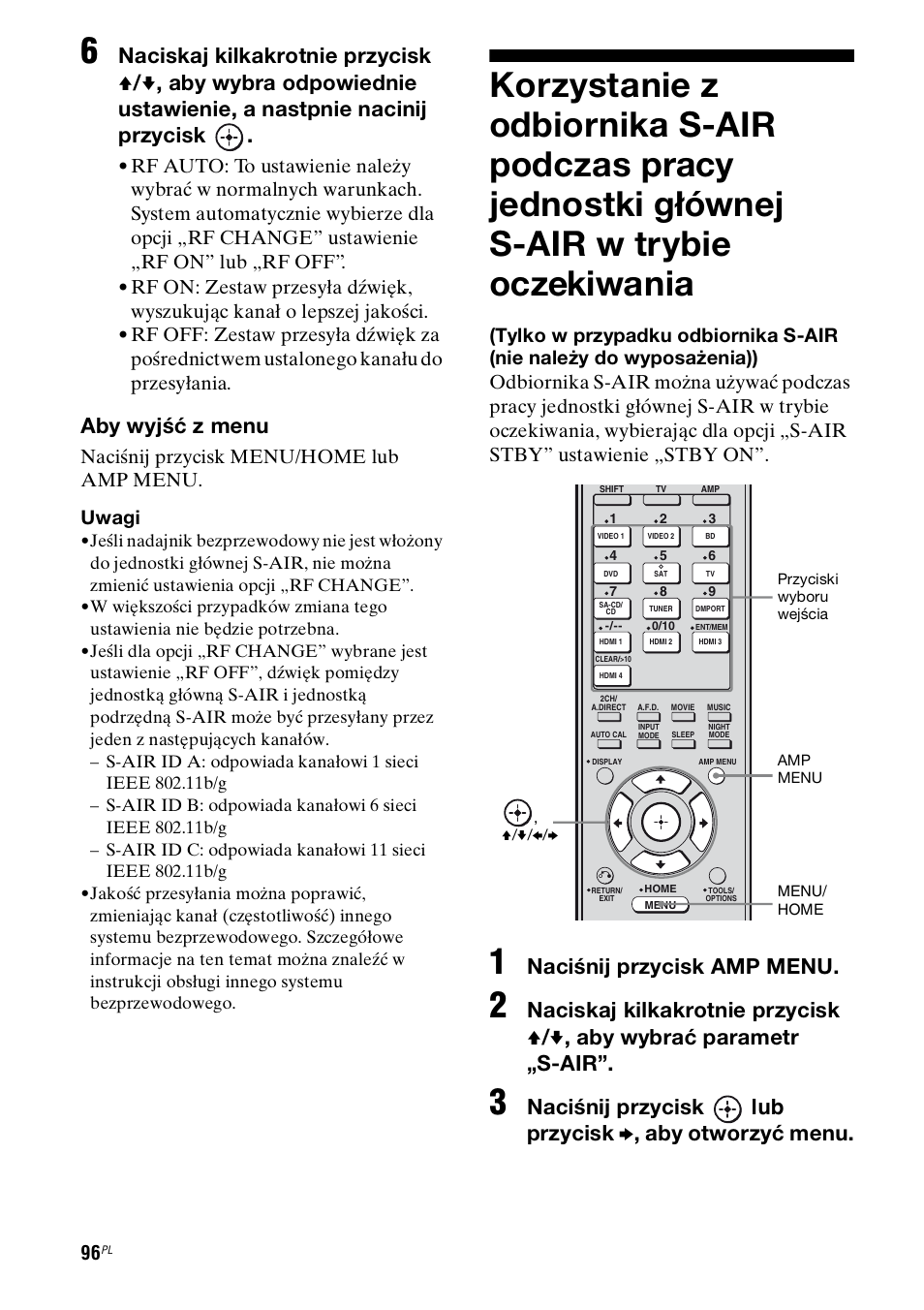 Korzystanie z odbiornika s-air, Aby wyjść z menu, Naciśnij przycisk amp menu | Naciśnij przycisk menu/home lub amp menu. uwagi | Sony STR-DH800 User Manual | Page 218 / 252
