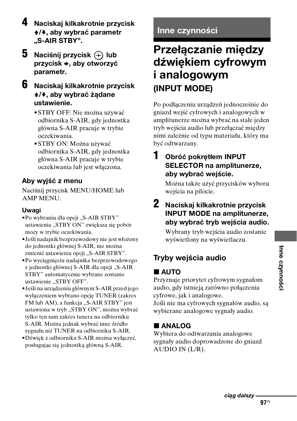 Inne czynności, Przełączanie między dźwiękiem cyfrowym, I analogowym (input mode) | Input mode) | Sony STR-DH800 User Manual | Page 219 / 252