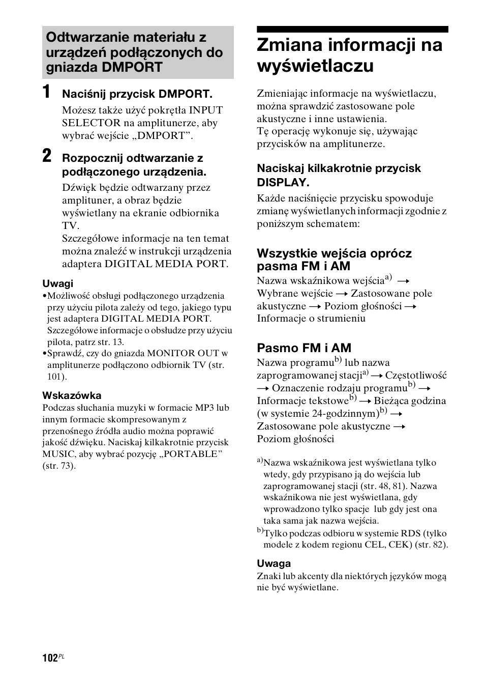 Zmiana informacji na wyświetlaczu, Wszystkie wejścia oprócz pasma fm i am, Pasmo fm i am | Sony STR-DH800 User Manual | Page 224 / 252