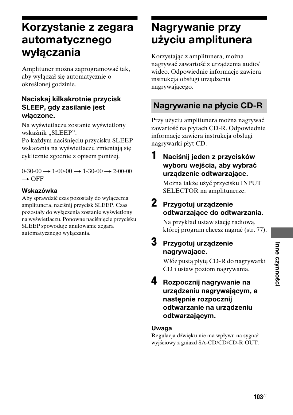 Korzystanie z zegara automatycznego wyłączania, Nagrywanie przy użyciu amplitunera, Korzystanie z zegara automatycznego | Wyłączania, Nagrywanie na płycie cd-r | Sony STR-DH800 User Manual | Page 225 / 252