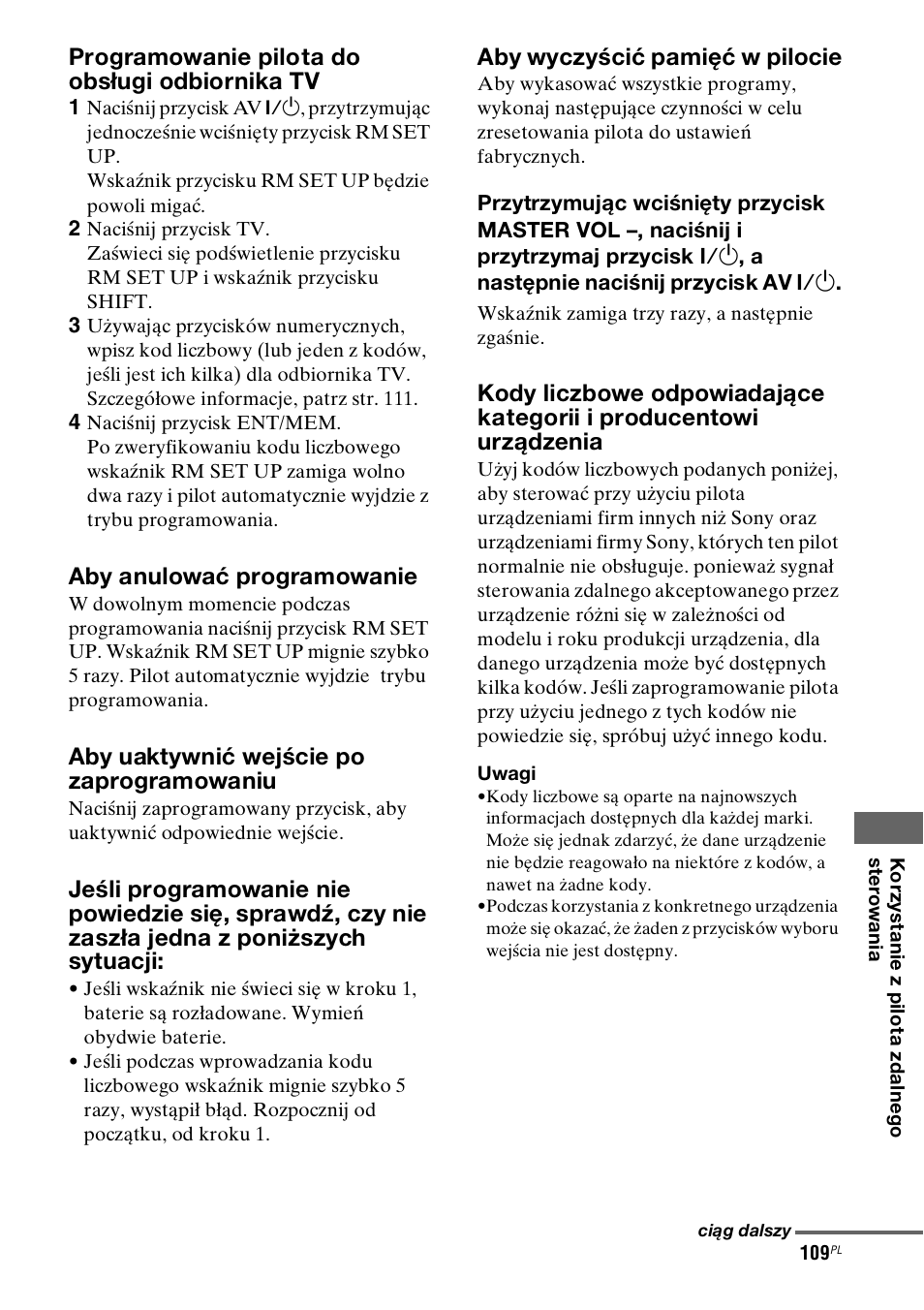 Programowanie pilota do obsługi odbiornika tv, Aby anulować programowanie, Aby uaktywnić wejście po zaprogramowaniu | Aby wyczyścić pamięć w pilocie | Sony STR-DH800 User Manual | Page 231 / 252