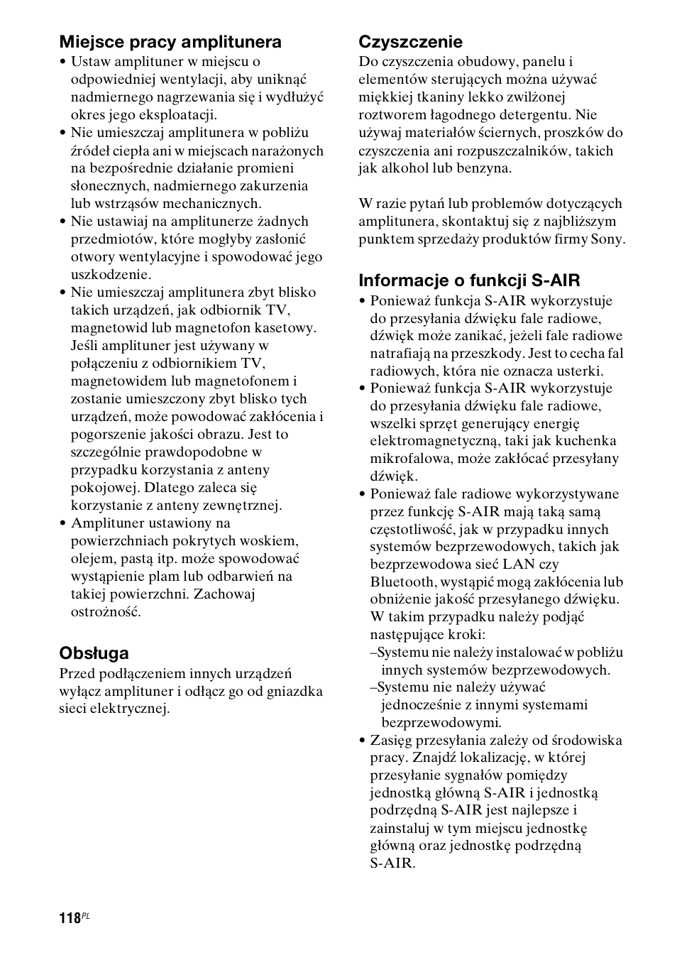 Miejsce pracy amplitunera, Obsługa, Czyszczenie | Informacje o funkcji s-air | Sony STR-DH800 User Manual | Page 240 / 252