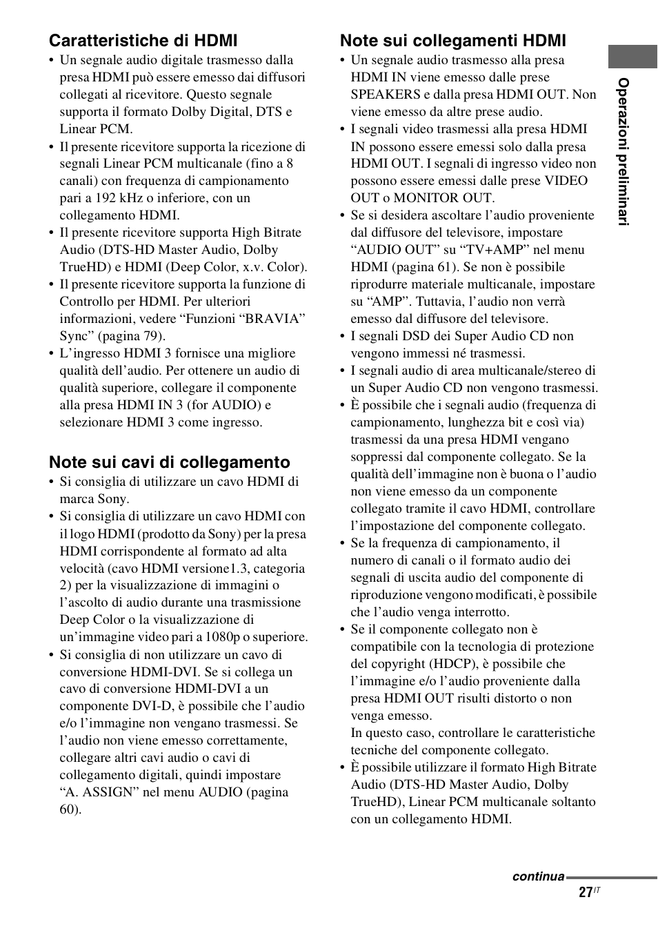 Caratteristiche di hdmi | Sony STR-DH800 User Manual | Page 27 / 252