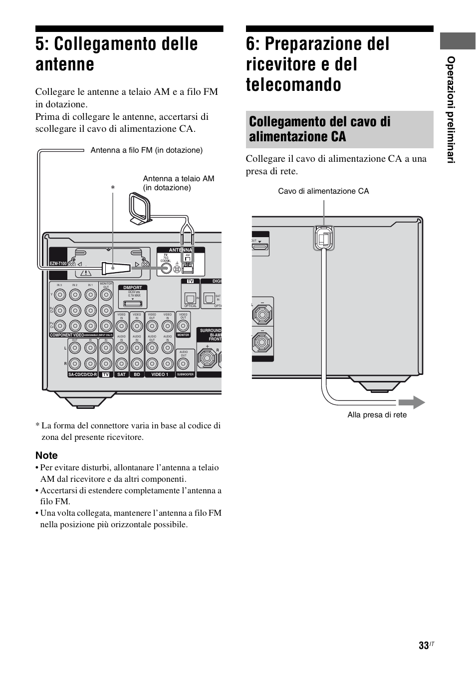 Collegamento delle antenne, Preparazione del ricevitore e del telecomando, Telecomando | Collegamento del cavo di alimentazione ca, Op e raz ioni prel im in ari, Cavo di alimentazione ca alla presa di rete | Sony STR-DH800 User Manual | Page 33 / 252