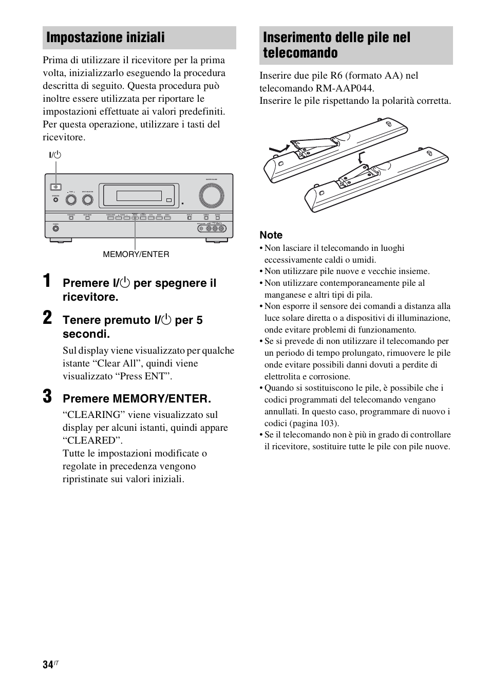 E 34, Impostazione iniziali, Inserimento delle pile nel telecomando | Premere ? / 1 per spegnere il ricevitore, Tenere premuto ? / 1 per 5 secondi | Sony STR-DH800 User Manual | Page 34 / 252
