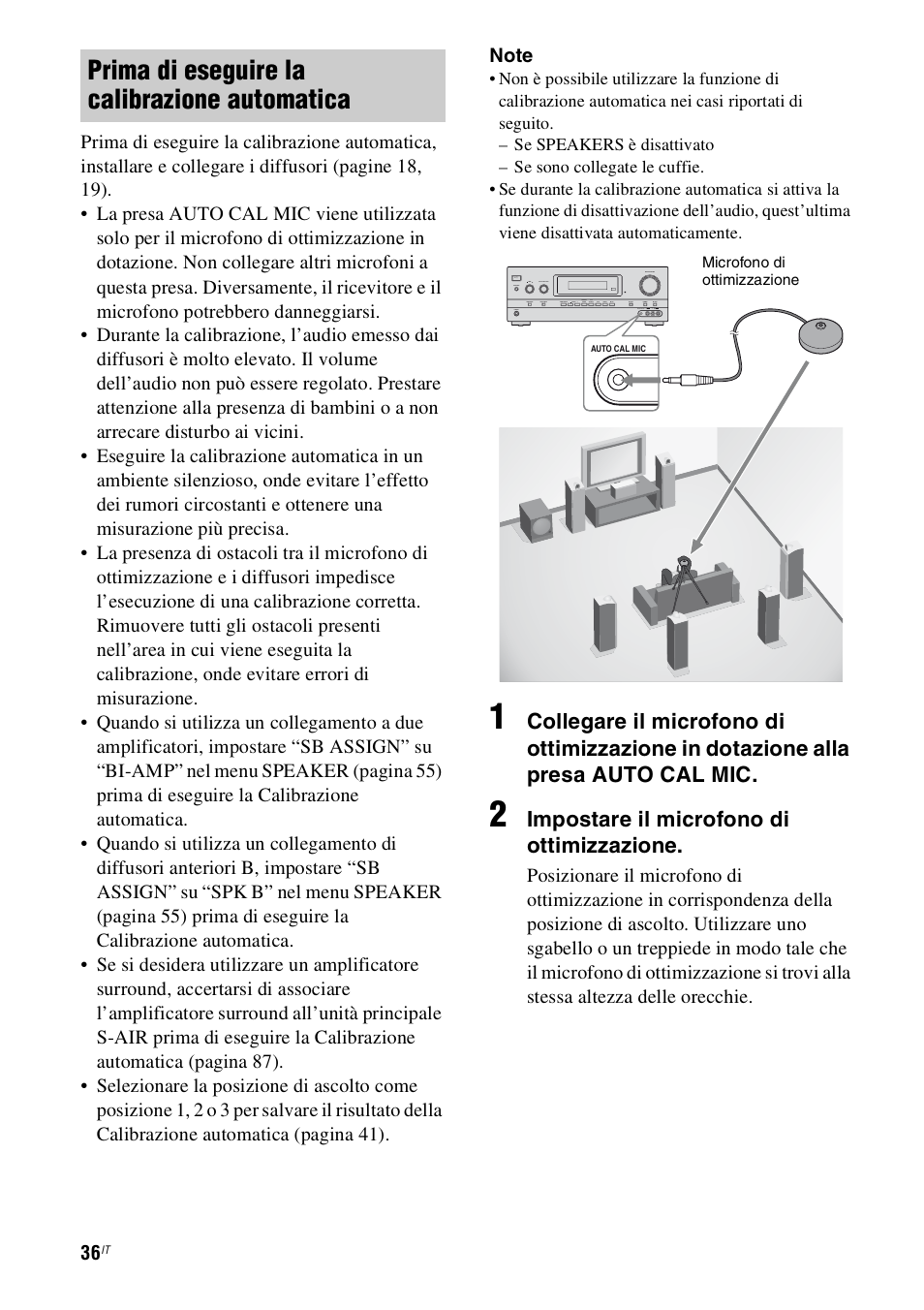 Prima di eseguire la calibrazione automatica, Impostare il microfono di ottimizzazione | Sony STR-DH800 User Manual | Page 36 / 252