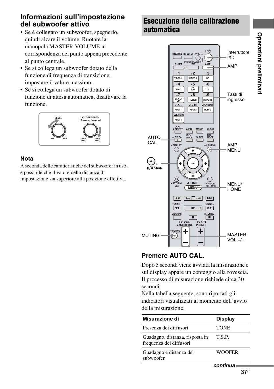 Esecuzione della calibrazione automatica, Premere auto cal, Op e raz ioni prel im in ari | Continua | Sony STR-DH800 User Manual | Page 37 / 252