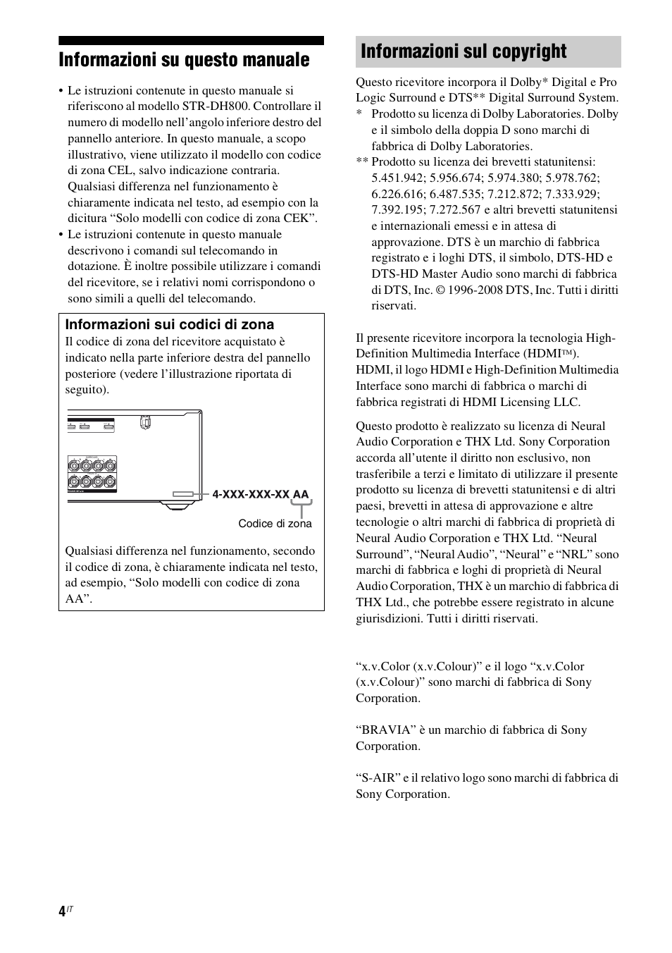 Informazioni su questo manuale, Informazioni sul copyright, Informazioni sui codici di zona | Sony STR-DH800 User Manual | Page 4 / 252