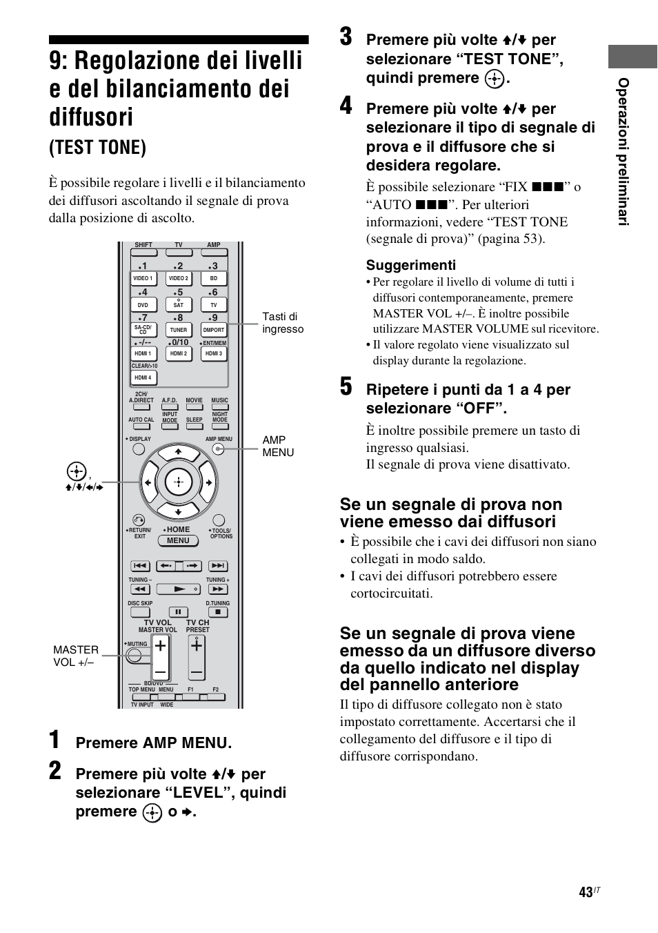 Regolazione dei livelli e del bilanciamento, Dei diffusori (test tone), E 43 | Test tone), Premere amp menu, Ripetere i punti da 1 a 4 per selezionare “off, Op e raz ioni prel im in ari, È possibile selezionare “fix, O “auto | Sony STR-DH800 User Manual | Page 43 / 252