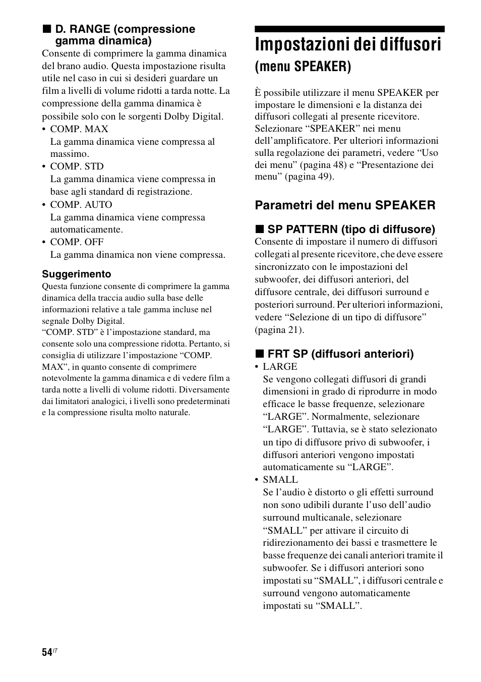 Impostazioni dei diffusori (menu speaker), Impostazioni dei diffusori, Menu speaker) | Sony STR-DH800 User Manual | Page 54 / 252