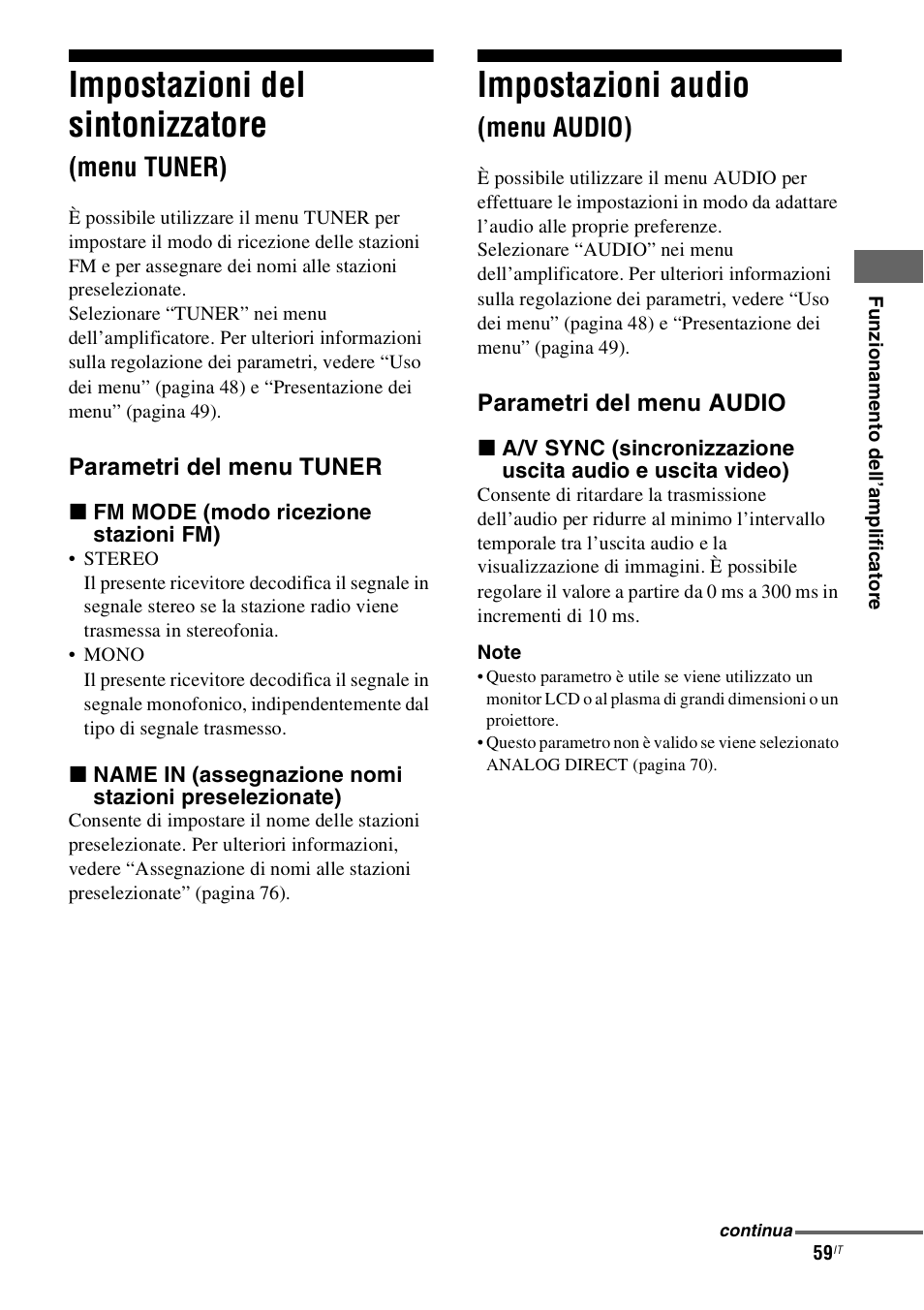 Impostazioni del sintonizzatore (menu tuner), Impostazioni audio (menu audio), Impostazioni del sintonizzatore | Menu tuner), Impostazioni audio, Menu audio) | Sony STR-DH800 User Manual | Page 59 / 252