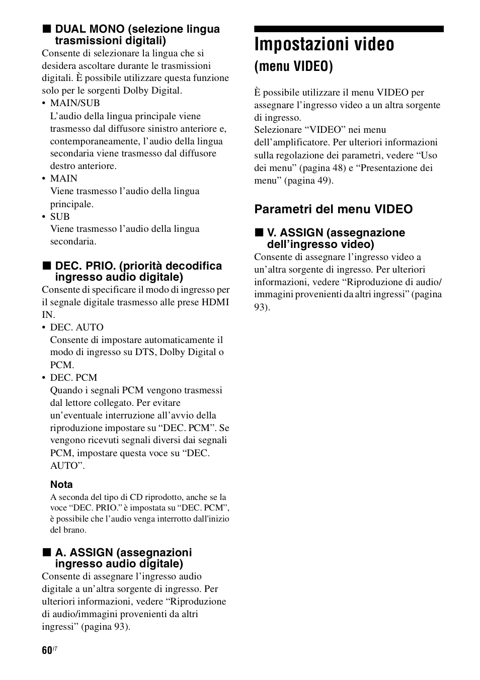 Impostazioni video (menu video), Impostazioni video, Menu video) | Sony STR-DH800 User Manual | Page 60 / 252