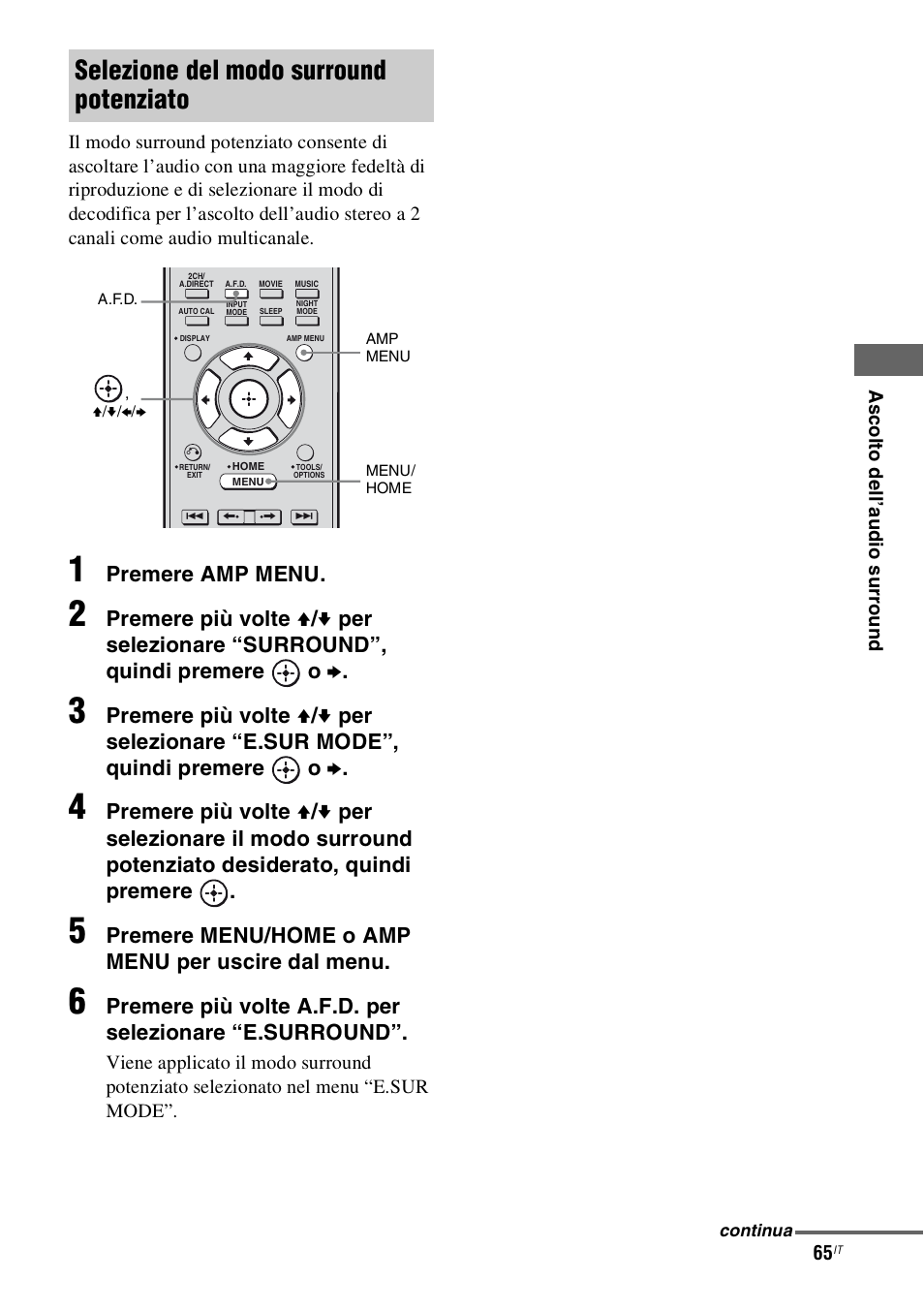 Selezione del modo surround potenziato, Premere amp menu, Premere menu/home o amp menu per uscire dal menu | Sony STR-DH800 User Manual | Page 65 / 252