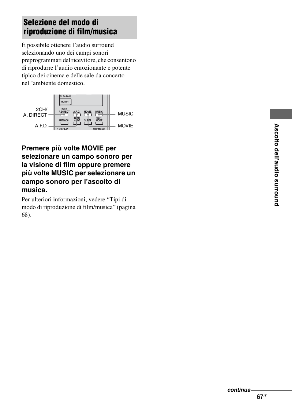 Selezione del modo di riproduzione di film/musica | Sony STR-DH800 User Manual | Page 67 / 252