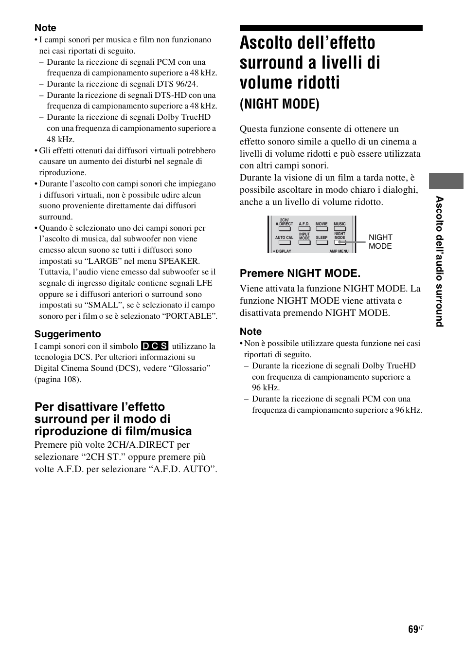 Ascolto dell’effetto surround a livelli di, Volume ridotti, Night mode) | Premere night mode | Sony STR-DH800 User Manual | Page 69 / 252
